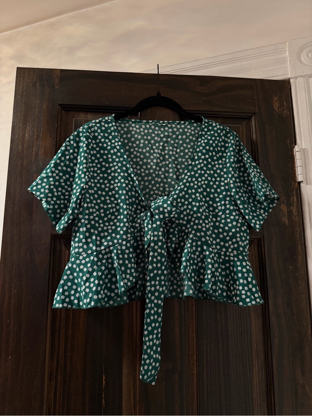 Green with White Flower Tie-Front Peplum Top